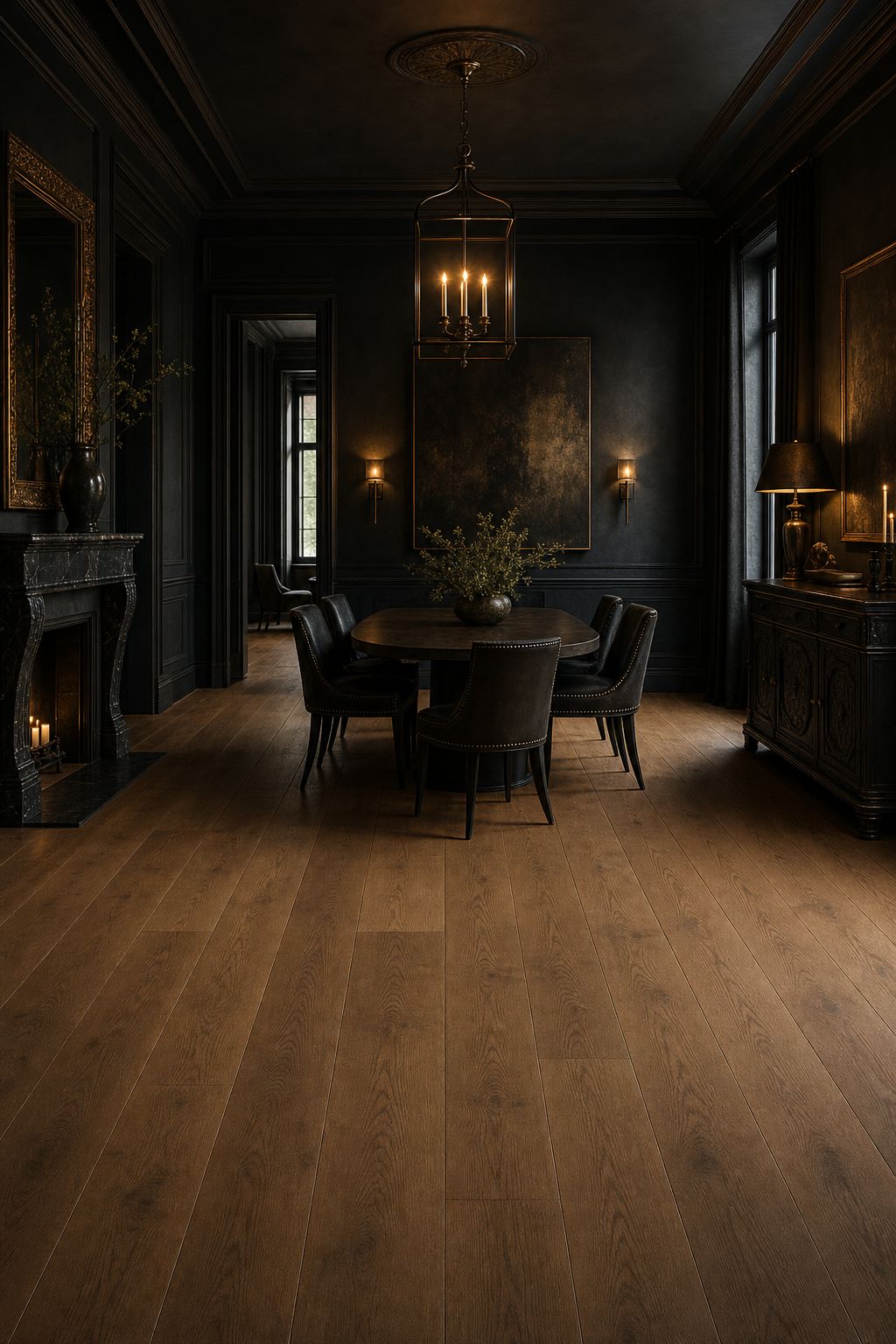 Controlled aged-new French oak flooring in a dark luxury dining room
