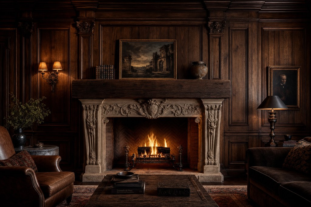 Carved stone fireplace with heavy wood mantel and architectural wall paneling