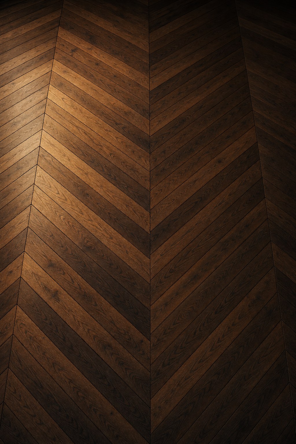 Chevron floor pattern with precise 45-degree mitered planks