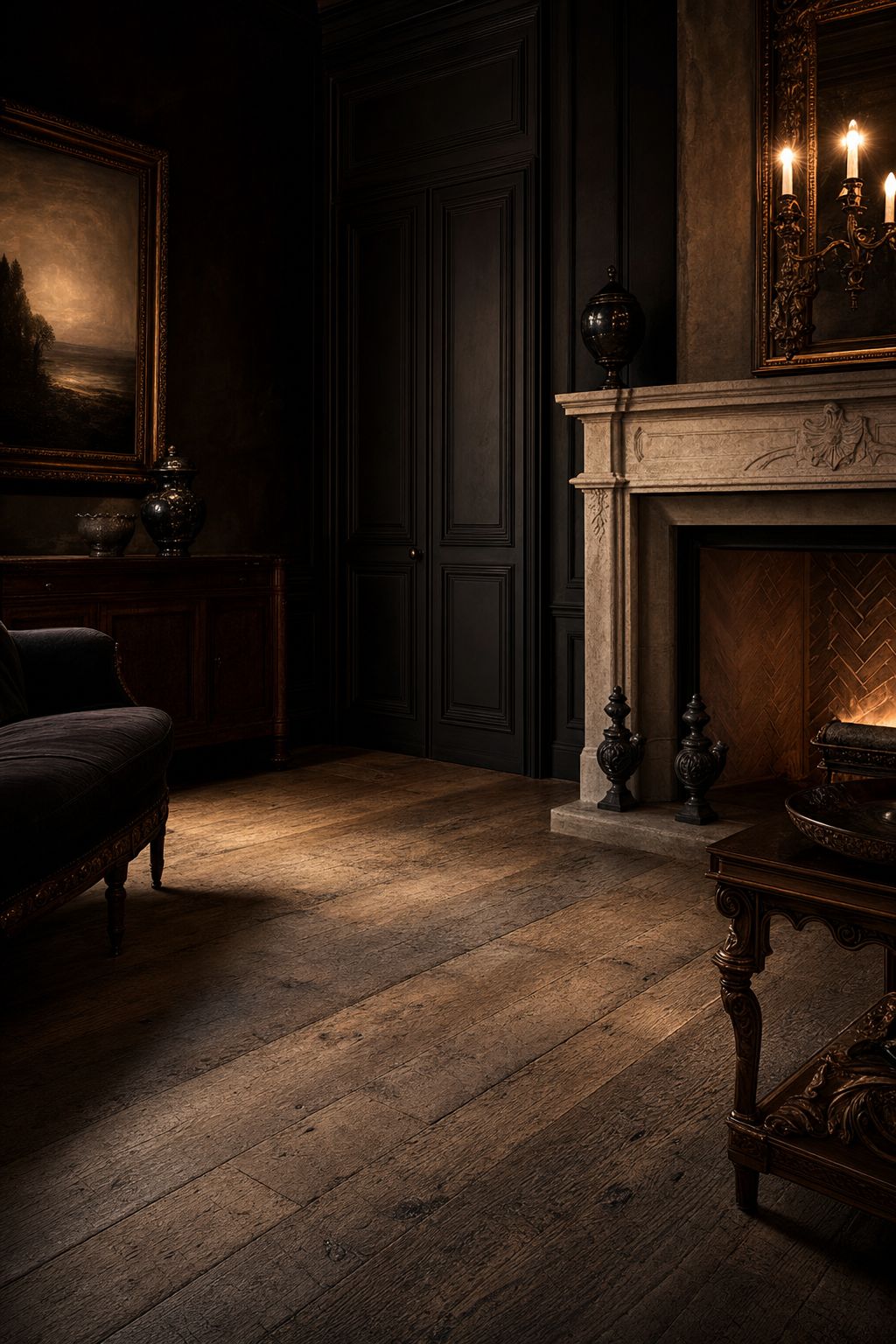 Reclaimed French oak wide-plank flooring in a European-style salon