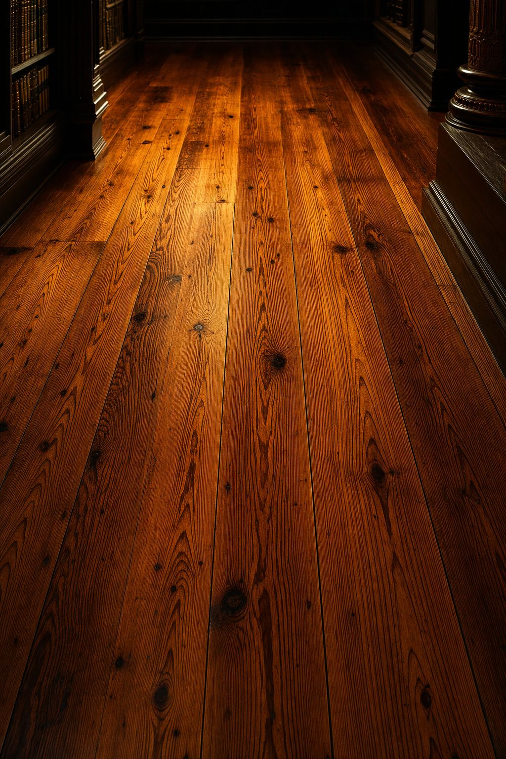 Historic heart pine flooring in a dark luxury library
