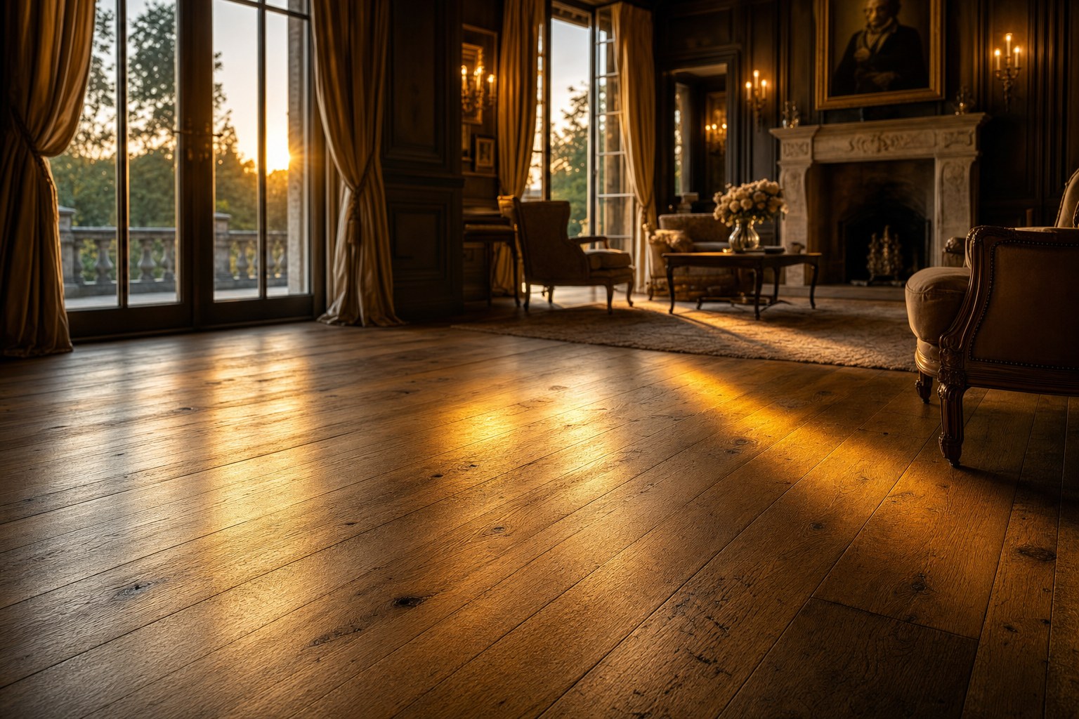 Dark luxury interior with wide-plank oak flooring