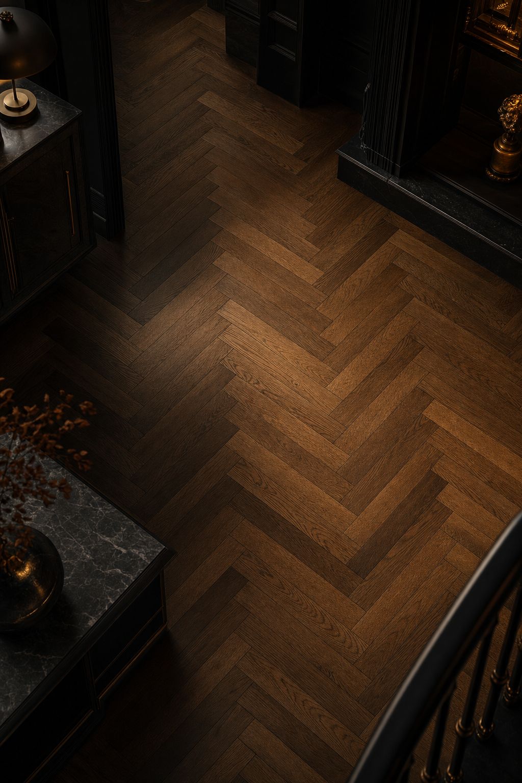 Herringbone floor pattern with square-ended interlocking blocks