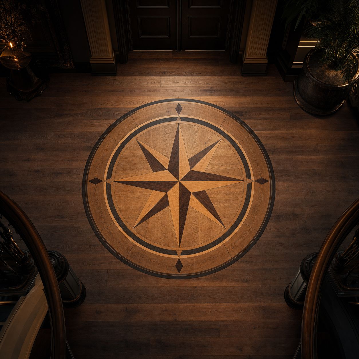 Circular wood floor medallion with compass geometry