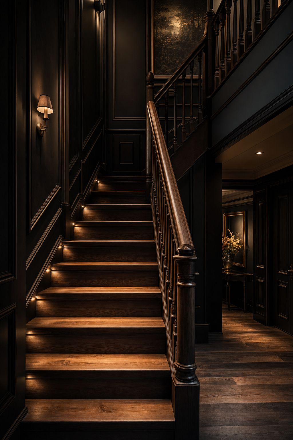 Dark luxury staircase with visible wood risers, treads, and joinery